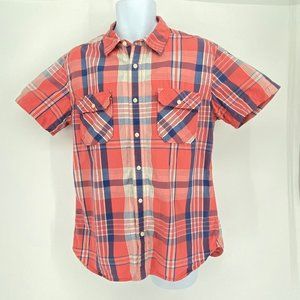 Lucky Brand Button-Up Shirt Sz L Cotton Short Sleeves Light Orange Blue Plaid